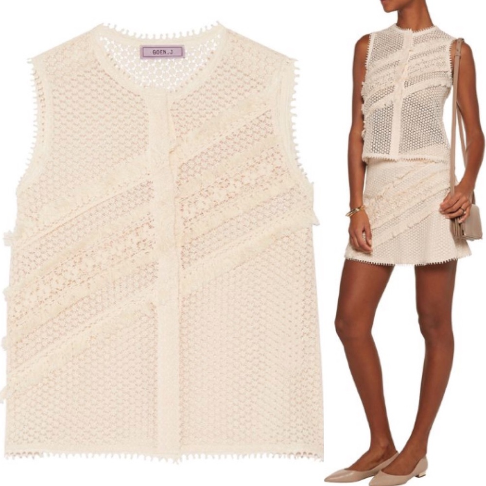 GOEN.J Lace Floral Fringe Sleeveless Button Blouse